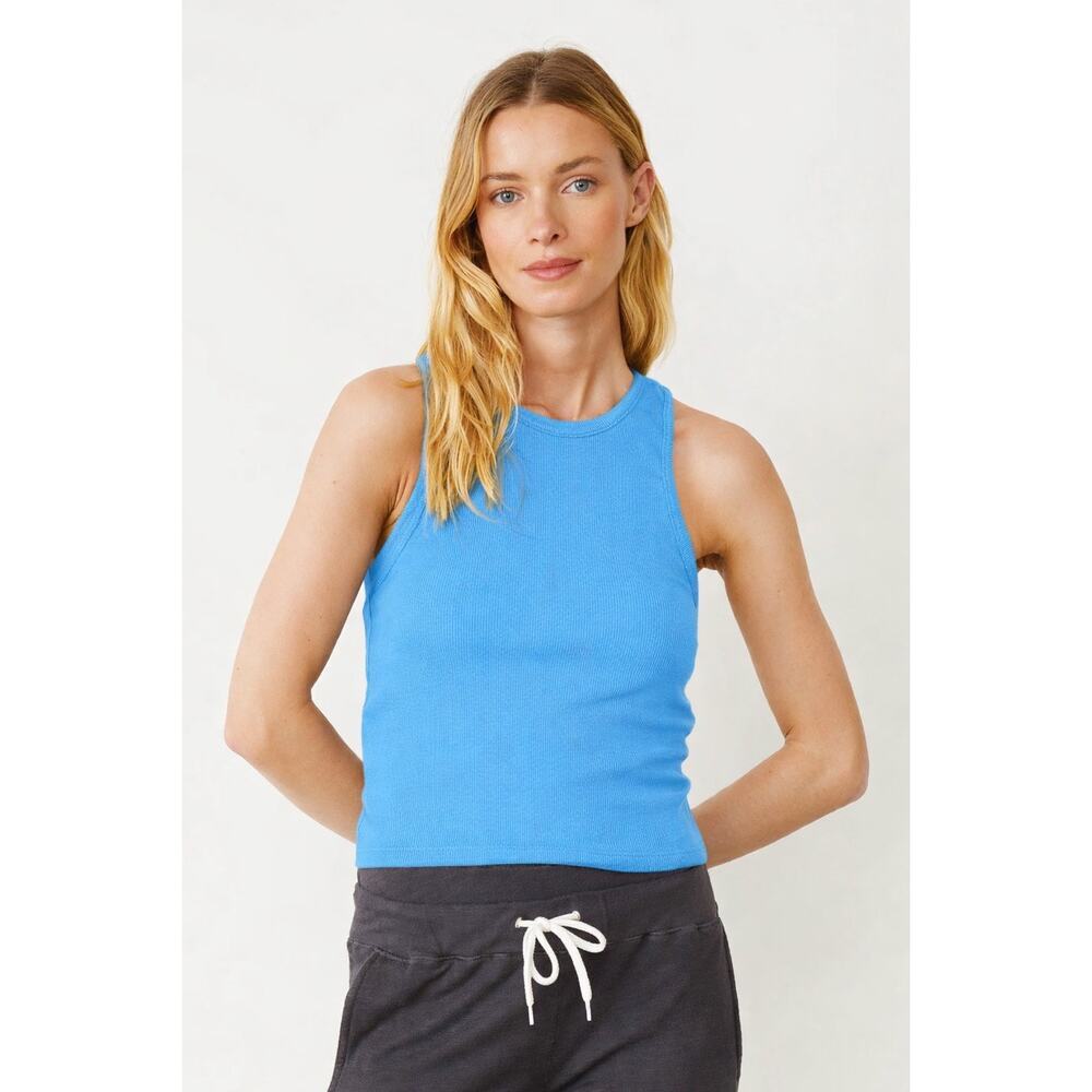 MONROW SupimaLux Rib High Neck Tank Top | Blue | Size L | NWT